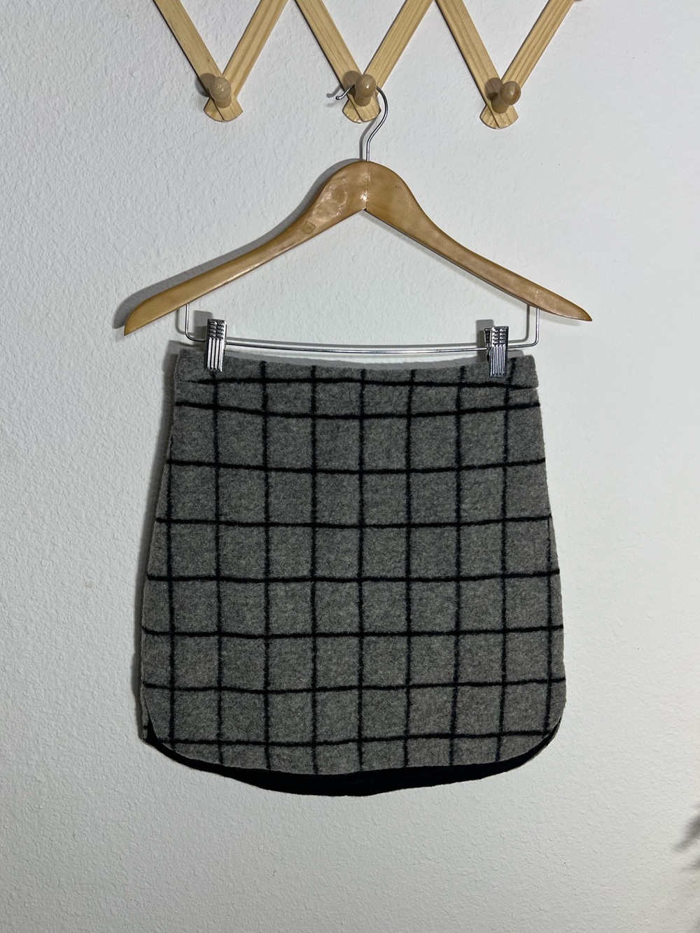 MADEWELL • gray wool shirttail mini skirt black grid check pattern size 0